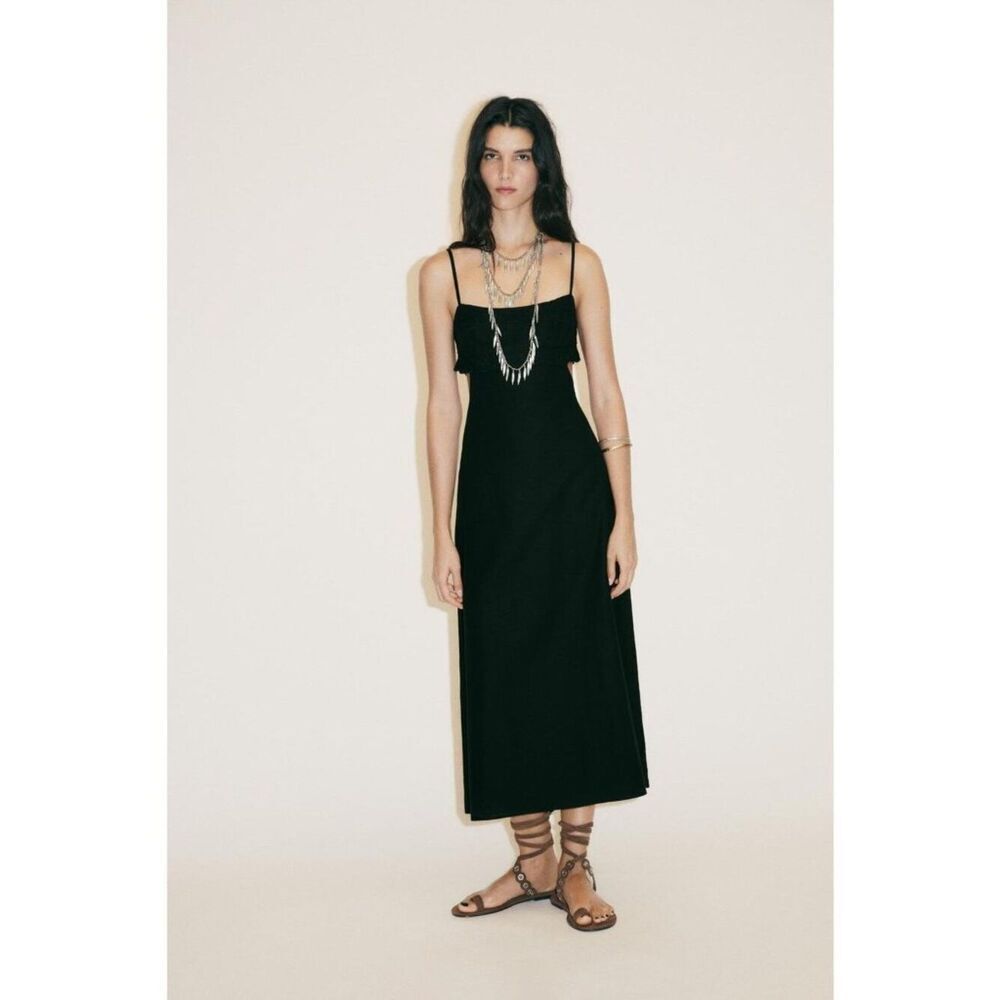 Zara Womens Linen Dress Small Black Cut Out Embroidered Midi 0881/391 NWOT